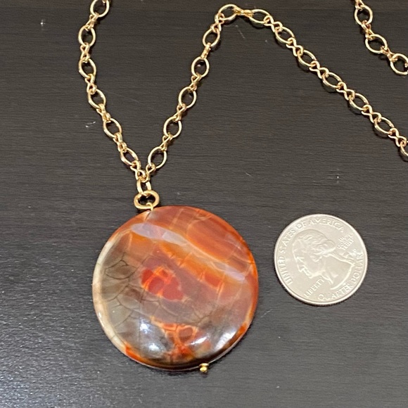 Brown Agate Semi-Precious Stone Circle Round Pendant Necklace - Picture 3 of 9